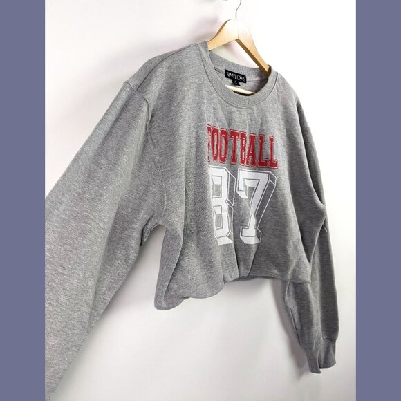 The Vinyl Icons Size L Womens Long Sleeve Gray Football Bubble Hem Crop Top - Picture 2 of 6
